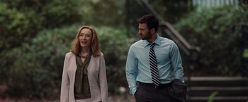 Movie still from “Gifted” (2017), directed by Marc Webb – A man and a woman are walking together; Medium shot, Low angle