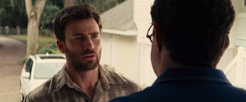 Movie still from “Gifted” (2017), directed by Marc Webb – Two men are talking to each other outside; Close Up shot, Over the shoulder angle