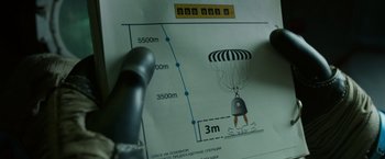 Movie still from “Gravity” (2013), directed by Alfonso Cuarón – An image of a diagram of a parachute hanging from a parachute; Extreme Close Up shot, Overhead angle