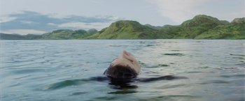 Movie still from “Gravity” (2013), directed by Alfonso Cuarón – A man swimming in a body of water; Close Up shot, High angle