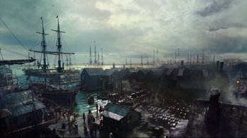 Movie still from “In the Heart of the Sea” (2015), directed by Ron Howard – An image of a harbor with many boats in the water; Extreme Wide shot, High angle