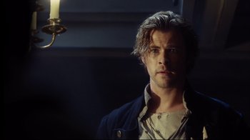 Movie still from “In the Heart of the Sea” (2015), directed by Ron Howard – A person wearing a jacket; Close Up shot, Over the shoulder angle