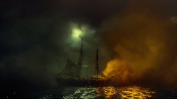 Movie still from “In the Heart of the Sea” (2015), directed by Ron Howard – A ship in the middle of the ocean at night; Extreme Wide shot, Low angle
