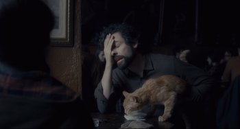 Movie still from “Inside Llewyn Davis” (2013), directed by Ethan Coen – A man sitting at a table next to a cat; Medium shot, Over the shoulder angle