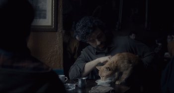 Movie still from “Inside Llewyn Davis” (2013), directed by Ethan Coen – A man sitting at a table petting a cat; Medium shot, Over the shoulder angle