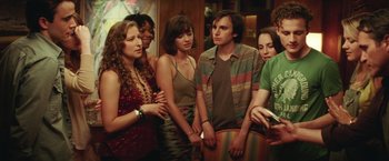 Movie still from “Irrational Man” (2015), directed by Woody Allen – A group of young people standing next to each other in a room; Medium shot, Over the shoulder angle