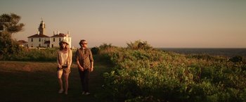 Movie still from “Irrational Man” (2015), directed by Woody Allen – A man standing on top of a grass covered field; Wide shot, Low angle