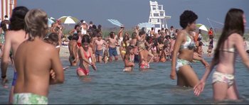 Movie still from “Jaws” (1975), directed by Steven Spielberg – A crowd of people in the water at the beach; Extreme Wide shot, High angle
