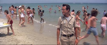 Movie still from “Jaws” (1975), directed by Steven Spielberg – A man that is standing in the water at the beach; Medium shot, Over the shoulder angle