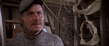 Movie still from “Jaws” (1975), directed by Steven Spielberg – A person wearing a hat; Close Up shot, Low angle