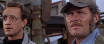 Movie still from “Jaws” (1975), directed by Steven Spielberg – An older man wearing a hat looking up at the sky; Close Up shot, Low angle