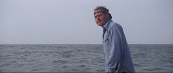 Movie still from “Jaws” (1975), directed by Steven Spielberg – A man standing in front of a body of water; Medium shot, Low angle