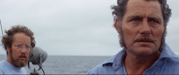 Movie still from “Jaws” (1975), directed by Steven Spielberg – A person wearing a blue shirt near the ocean; Close Up shot, Low angle