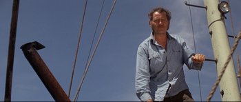 Movie still from “Jaws” (1975), directed by Steven Spielberg – A man standing in front of a blue sky; Medium shot, Low angle