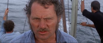 Movie still from “Jaws” (1975), directed by Steven Spielberg – A person with curly hair; Close Up shot, Low angle