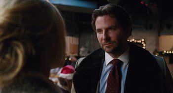 Movie still from “Joy” (2015), directed by David O. Russell – A man wearing a suit and tie talking to a woman; Close Up shot, Over the shoulder angle