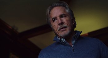 Movie still from “Knives Out” (2019), directed by Rian Johnson – An older man in a blue sweater looking up at the ceiling; Close Up shot, Low angle