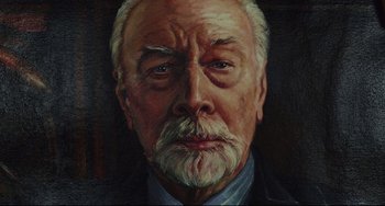 Movie still from “Knives Out” (2019), directed by Rian Johnson – An old man with a beard and a mustache; Close Up shot, Overhead angle