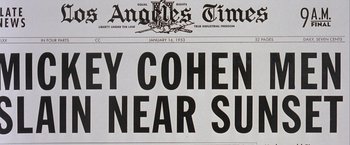 Movie still from “L.A. Confidential” (1997), directed by Curtis Hanson – A newspaper with the front page of the los angeles times on it; Extreme Close Up shot, Overhead angle