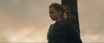 Movie still from “Macbeth” (2015), directed by Justin Kurzel – A young girl standing next to a tree in the sunlight; Medium shot, Low angle