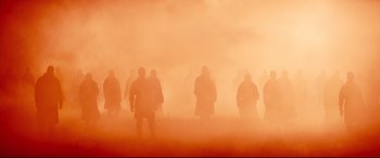 Movie still from “Macbeth” (2015), directed by Justin Kurzel – A group of people standing in the fog; Extreme Wide shot, Low angle