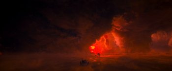 Movie still from “Mad Max: Fury Road” (2015), directed by George Miller – A boat in the middle of the night with smoke coming out of it; Extreme Wide shot, Overhead angle