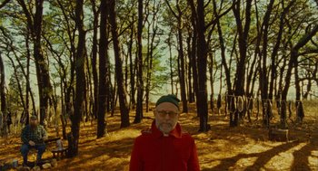 Movie still from “Moonrise Kingdom” (2012), directed by Wes Anderson – An older man in a red jacket standing in the woods; Wide shot, Overhead angle