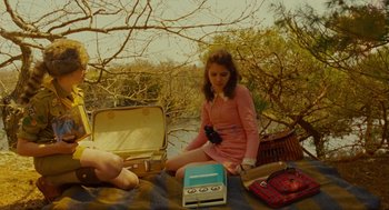 Movie still from “Moonrise Kingdom” (2012), directed by Wes Anderson – A young girl sitting on a blanket next to a pair of suitcases; Medium shot, High angle