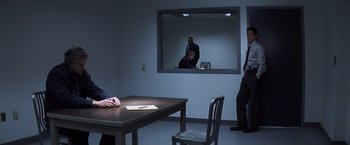 Movie still from “Mystic River” (2003), directed by Clint Eastwood – A group of men standing around a table in front of a mirror; Wide shot, Over the shoulder angle