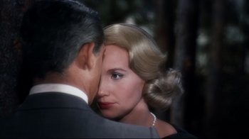 Movie still from “North by Northwest” (1959), directed by Alfred Hitchcock – A man and a woman are looking into each others eyes; Close Up shot, Over the shoulder angle