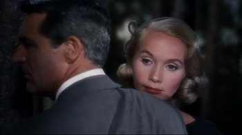 Movie still from “North by Northwest” (1959), directed by Alfred Hitchcock – A man and a woman are standing next to each other; Close Up shot, Over the shoulder angle