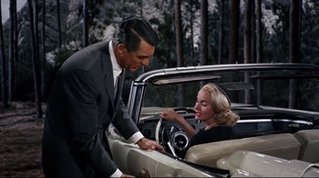 Movie still from “North by Northwest” (1959), directed by Alfred Hitchcock – A man and a woman sitting in a car talking; Medium shot, High angle