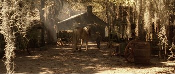 Movie still from “O Brother, Where Art Thou?” (2000), directed by Joel Coen – An elephant is standing in the middle of a dirt field; Extreme Wide shot, Over the shoulder angle