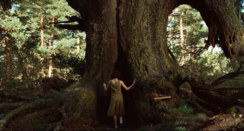 Movie still from “Pan's Labyrinth” (2006), directed by Guillermo del Toro – A woman standing in front of a large tree in the woods; Wide shot, Low angle