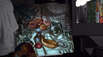 Movie still from “Pleasantville” (1998), directed by Gary Ross – An oil painting of a bowl of fruit on a table; Extreme Close Up shot, Overhead angle
