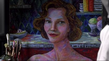 Movie still from “Pleasantville” (1998), directed by Gary Ross – A painting of a woman's head and shoulders; Extreme Close Up shot, Overhead angle