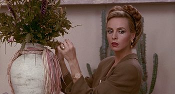 Movie still from “Pretty Woman” (1990), directed by Garry Marshall – A woman in a brown jacket holding a plant; Close Up shot, Over the shoulder angle