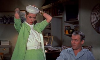 Movie still from “Rear Window” (1954), directed by Alfred Hitchcock – A man and a woman are sitting in a living room; Medium shot, Over the shoulder angle