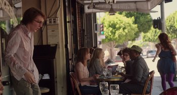 Movie still from “Ruby Sparks” (2012), directed by Valerie Faris – A group of people sitting at a table in a restaurant; Medium shot, Over the shoulder angle