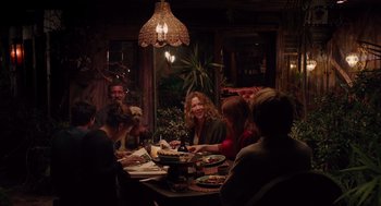 Movie still from “Ruby Sparks” (2012), directed by Valerie Faris – A group of people sitting around a table eating food; Wide shot, High angle