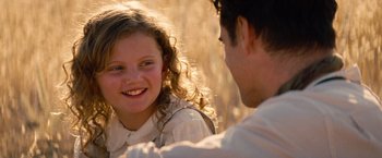 Movie still from “Saving Mr. Banks” (2013), directed by John Lee Hancock – A man and a girl are talking to each other; Close Up shot, Over the shoulder angle