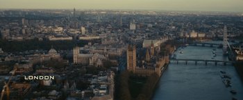 Movie still from “Edge of Tomorrow” (2014), directed by Doug Liman – An aerial view of the city of london and the river thames; Extreme Wide shot, High angle