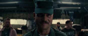 Movie still from “Edge of Tomorrow” (2014), directed by Doug Liman – A person wearing a hat; Close Up shot, Low angle