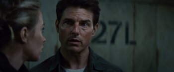 Movie still from “Edge of Tomorrow” (2014), directed by Doug Liman – Tom cruise in a scene from mission impossible : rogue nation; Close Up shot, Over the shoulder angle