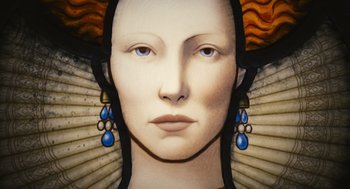 Movie still from “Elizabeth: The Golden Age” (2007), directed by Shekhar Kapur – A painting of a woman's face with blue earrings; Extreme Close Up shot, Low angle