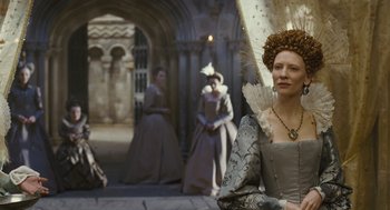 Movie still from “Elizabeth: The Golden Age” (2007), directed by Shekhar Kapur – A group of women dressed up in historical clothing; Medium shot, Low angle