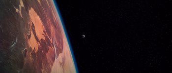 Movie still from “Star Wars: Episode IV - A New Hope” (1977), directed by George Lucas – A view of the earth from the space station; Extreme Wide shot, Overhead angle