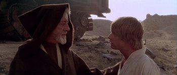 Movie still from “Star Wars: Episode IV - A New Hope” (1977), directed by George Lucas – A man and a woman are talking to each other; Medium shot, Over the shoulder angle