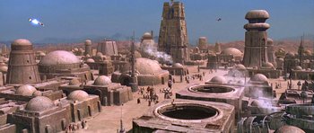 Movie still from “Star Wars: Episode IV - A New Hope” (1977), directed by George Lucas – An image of a scene in star wars; Extreme Wide shot, High angle