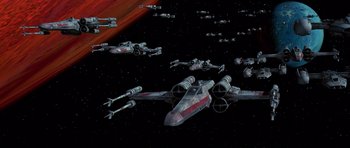 Movie still from “Star Wars: Episode IV - A New Hope” (1977), directed by George Lucas – A bunch of star wars fighter jets flying in the sky; Extreme Wide shot, Overhead angle